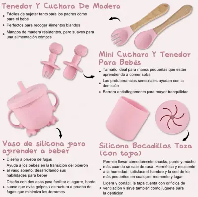 Set de alimentación para bebé de silicona rosa - miniatura 6