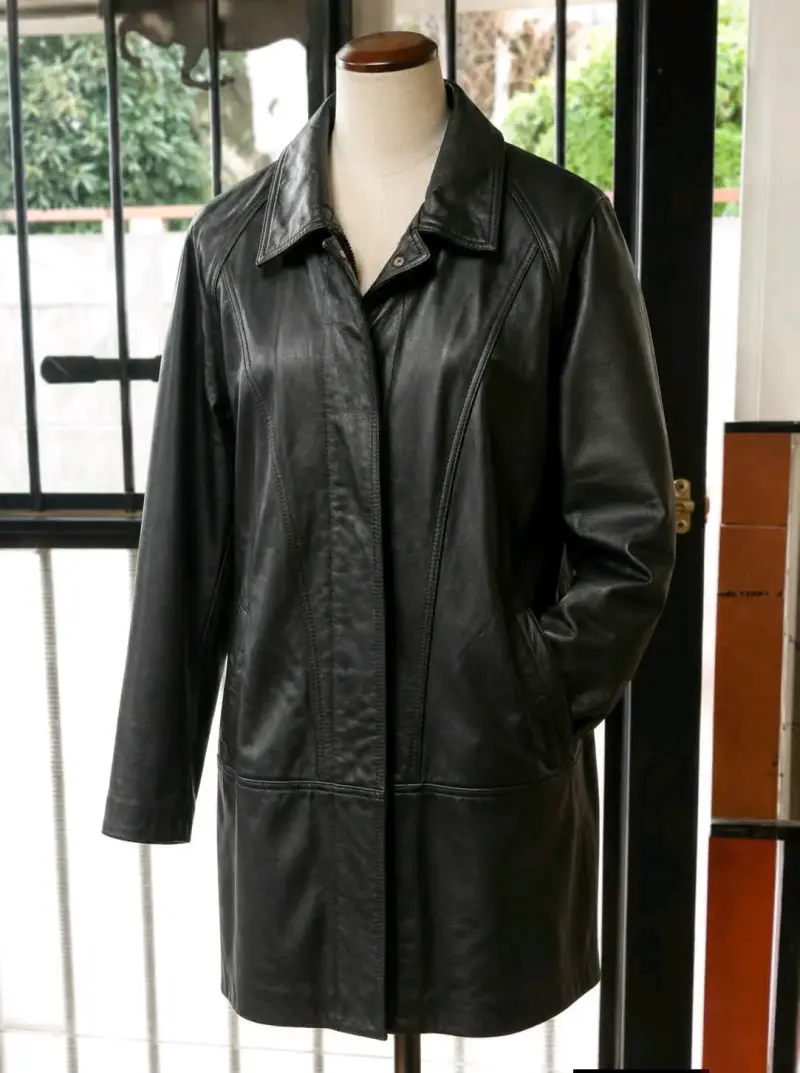 Abrigo de cuero negro para mujer