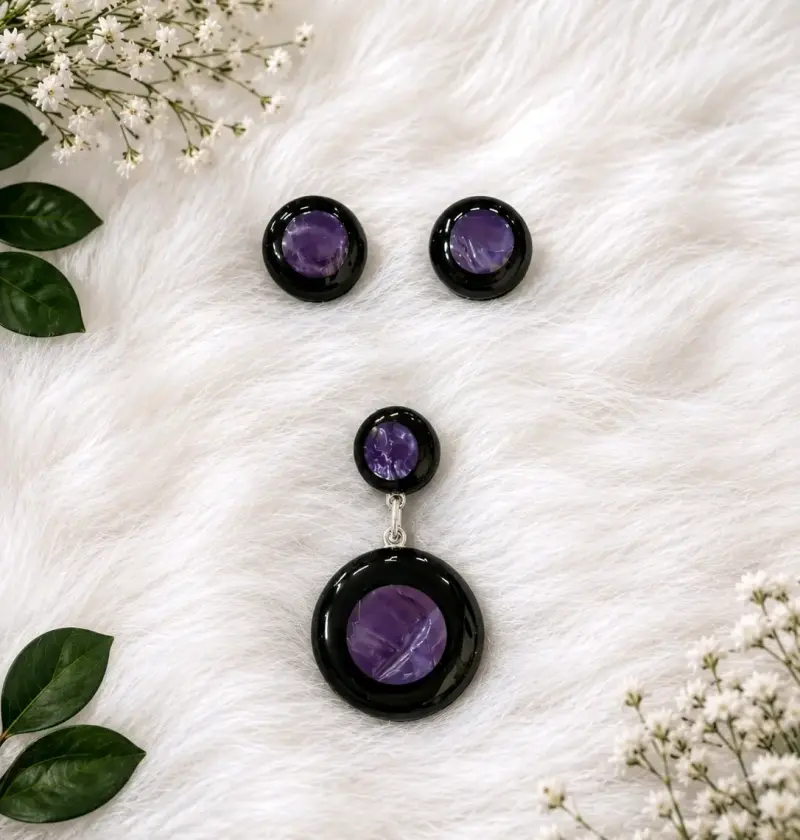 Anillo,aretes y colgante con piedra morada - 2