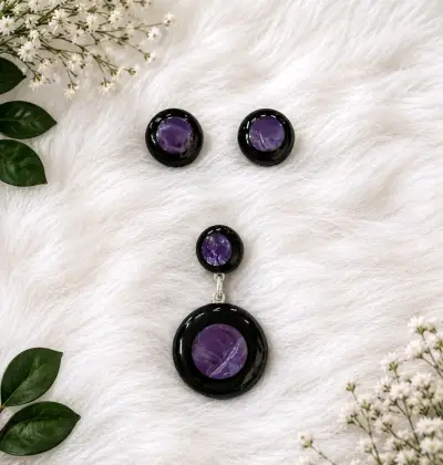 Anillo,aretes y colgante con piedra morada - miniatura 2
