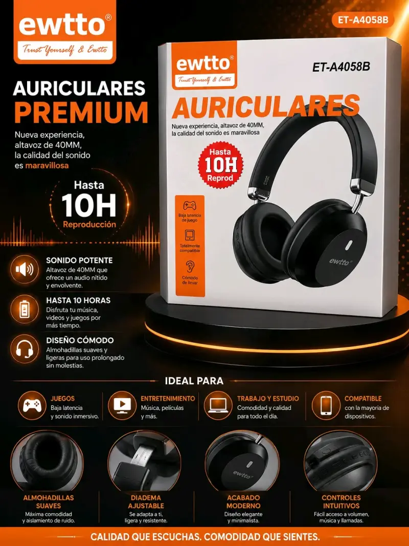 Auriculares Premium EwttO ET-A4058B con 10H de Reproducción