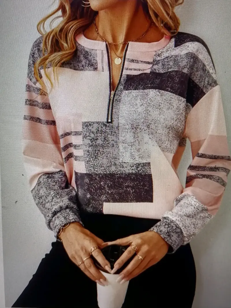 Polerón de mujer con diseño geométrico en tonos rosa y gris - 1