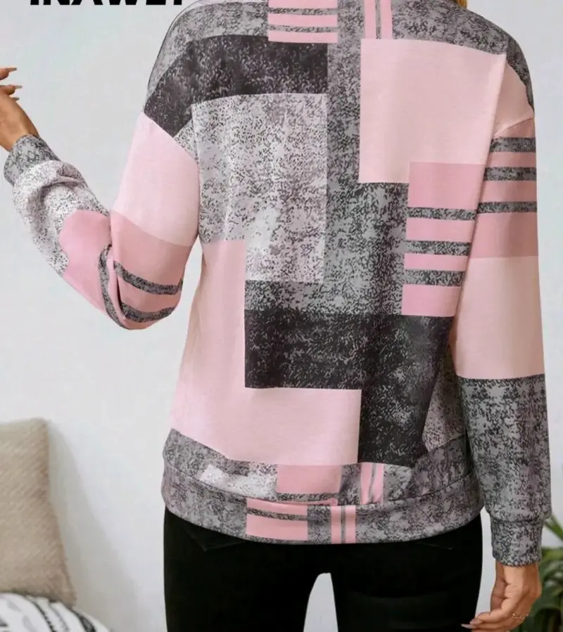 Polerón de mujer con diseño geométrico en tonos rosa y gris - 2