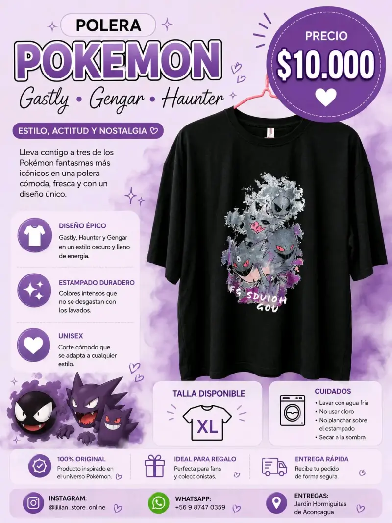 Polera Pokémon Gastly Gengar Haunter Unisex