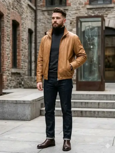 Chaqueta de cuero marrón para hombre - miniatura 2