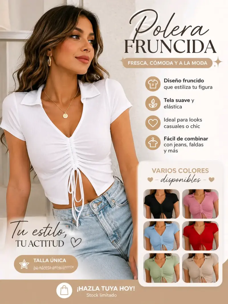 Polera fruncida fresca y cómoda varios colores