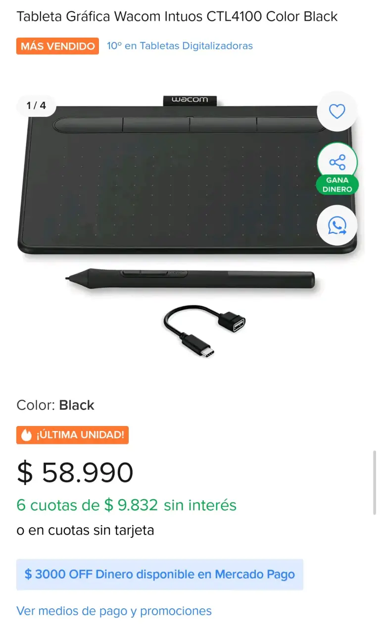Tableta Gráfica Wacom Intuos CTL4100 Negra - 3