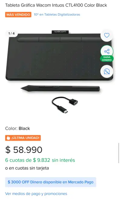 Tableta Gráfica Wacom Intuos CTL4100 Negra - miniatura 3