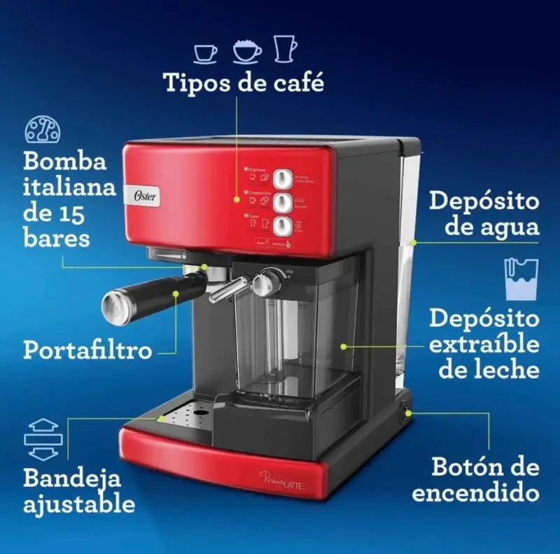 Cafetera Automática Espresso Oster PrimaLatte Roja - 5