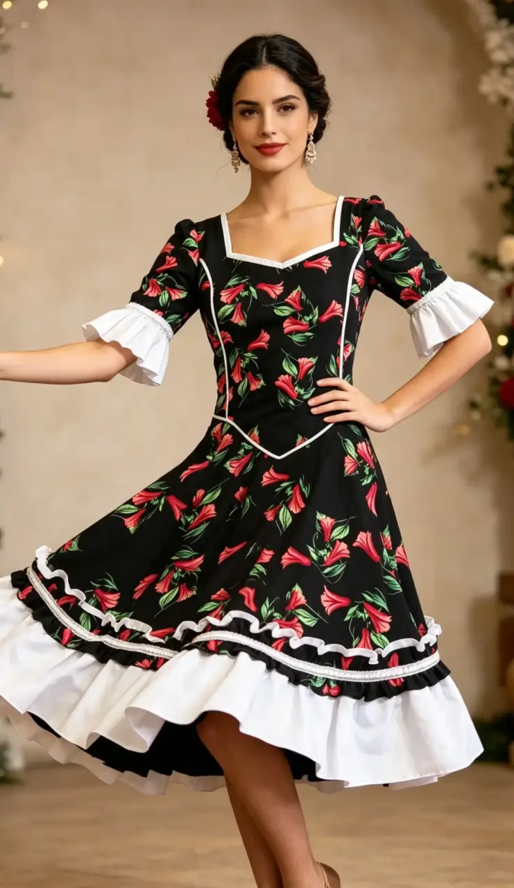 Vestido de Baile Folclórico Negro con Flores L