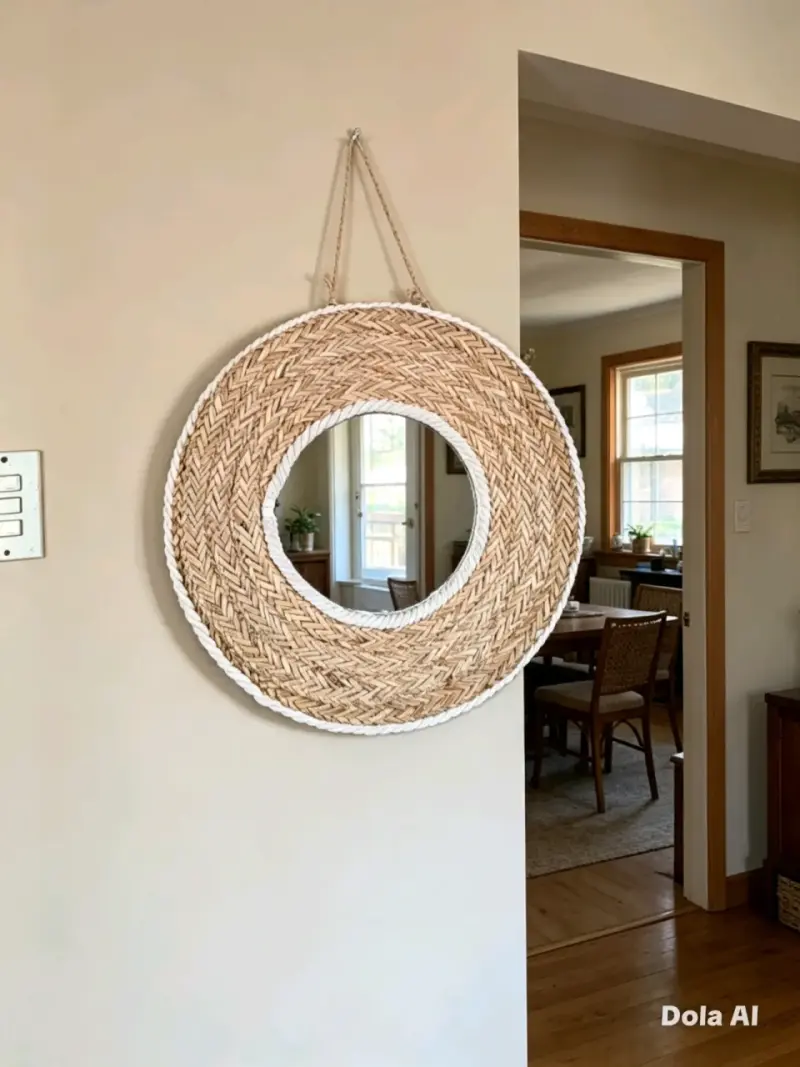 Espejo decorativo de pared con marco de mimbre