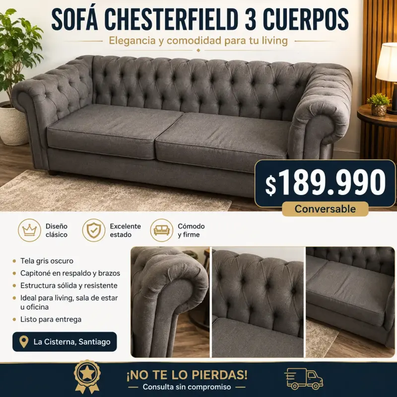 Sofá Chesterfield 3 Cuerpos Gris Oscuro - 1