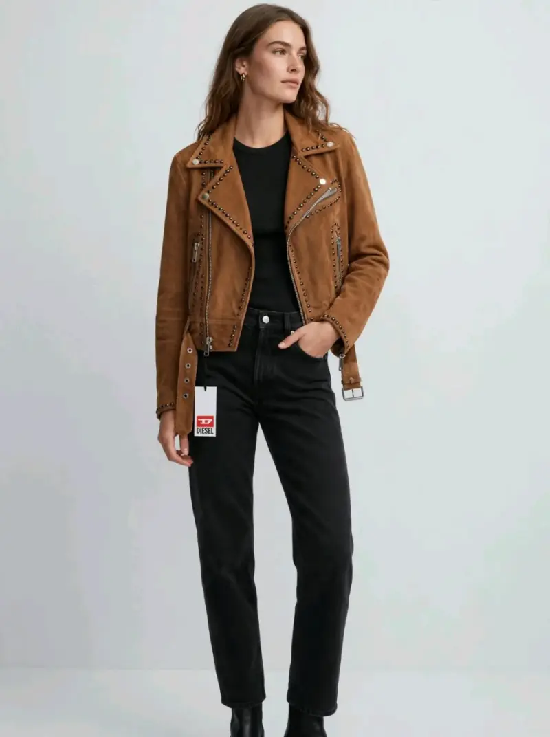 Chaqueta de cuero marrón con tachas Diesel