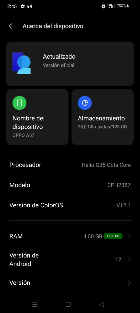 Smartphone OPPO A57 con 128GB de almacenamiento