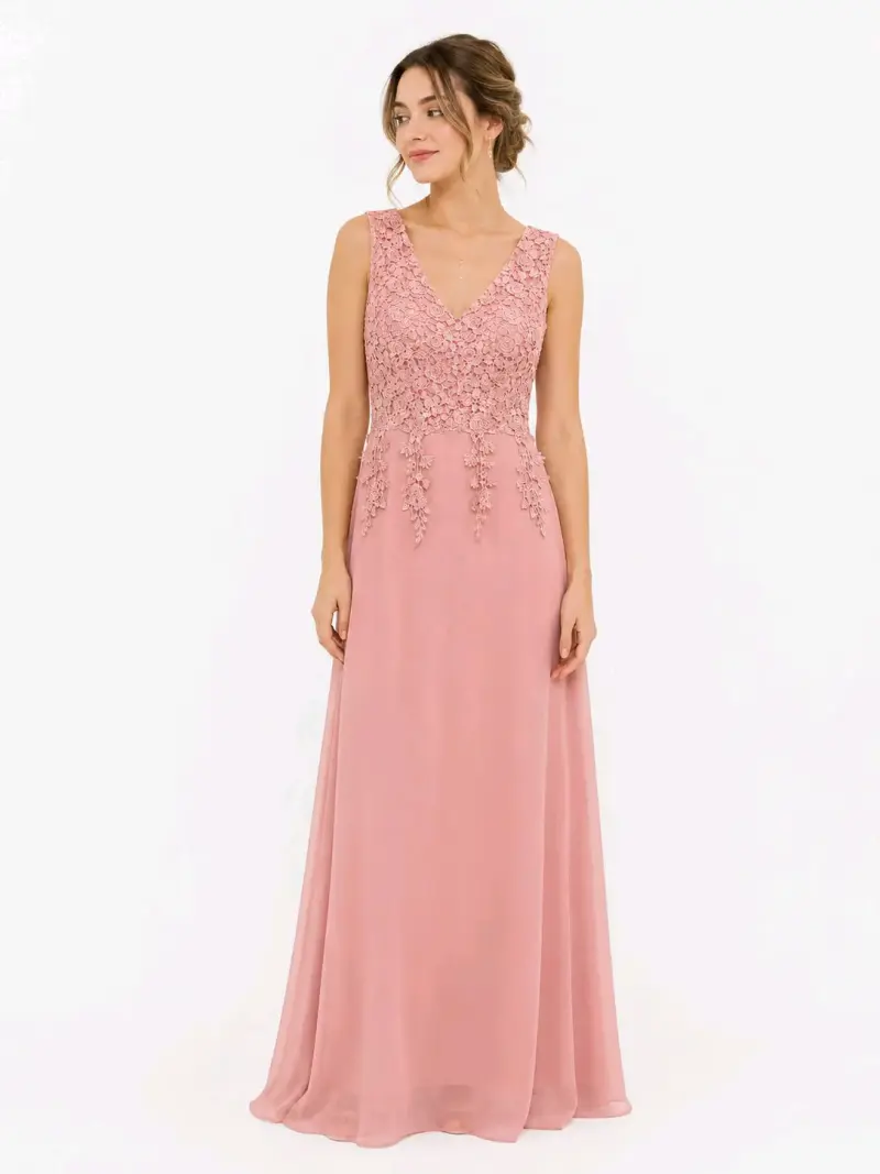 Vestido largo de encaje rosa elegante - 4