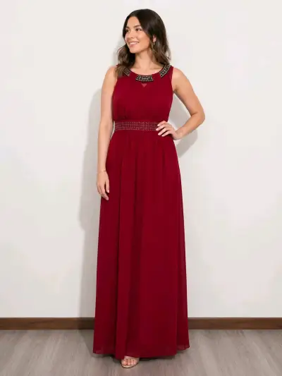Vestido largo rojo con detalles brillantes - miniatura 1
