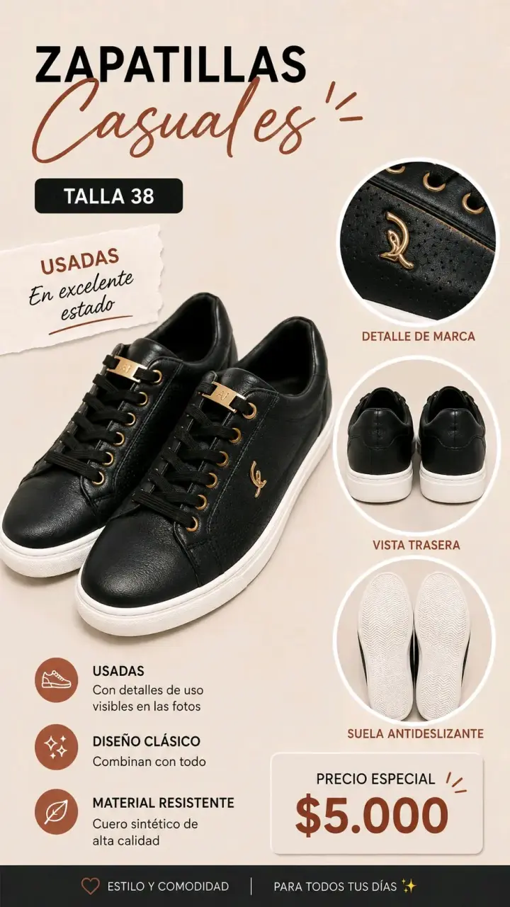 Zapatillas casuales negras talla 38 en excelente estado - 1