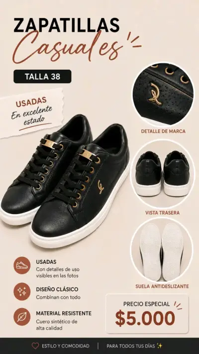 Zapatillas casuales negras talla 38 en excelente estado - miniatura 1