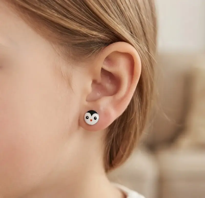 Aros de plata con diseño de pingüino para niños - 1