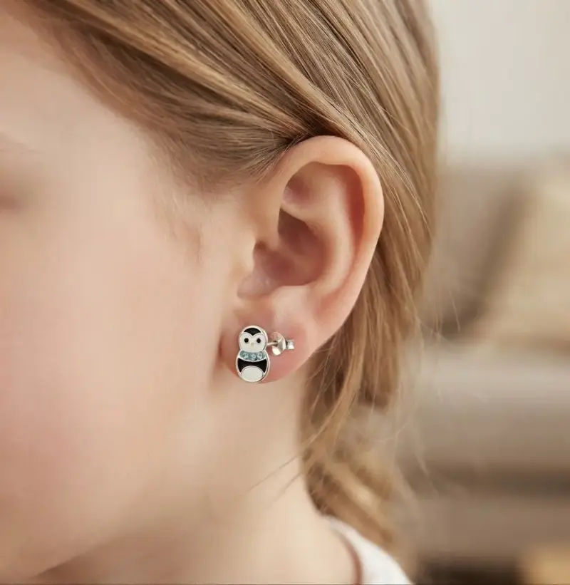 Aros de plata con diseño de pingüino para niñas - 1