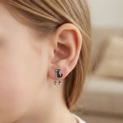 Aros de plata con diseño de gato negro - miniatura 1