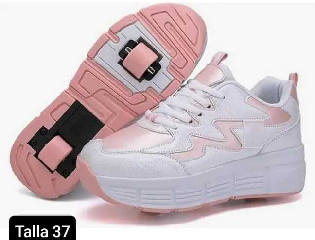 Zapatillas con ruedas blancas y rosadas talla 37