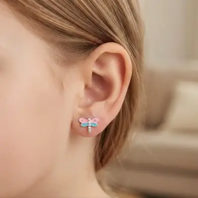 Aros de plata con diseño de libélula para niñas - miniatura 1