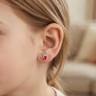 Aros de plata con diseño de manzana roja para niñas - miniatura 1