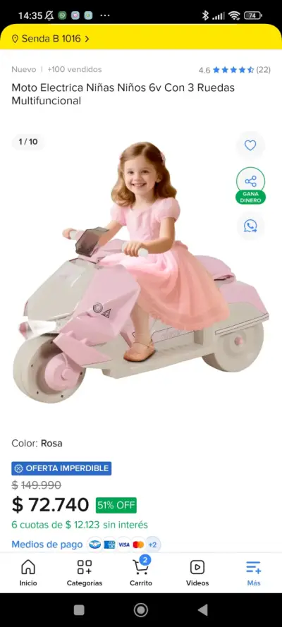 Moto eléctrica infantil rosa 6V con 3 ruedas - miniatura 1