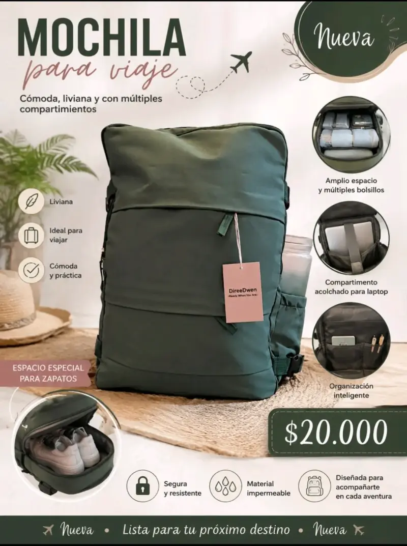 Mochila de viaje impermeable con múltiples compartimentos