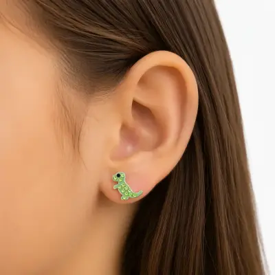 Aros de plata con diseño de dinosaurio verde - miniatura 1