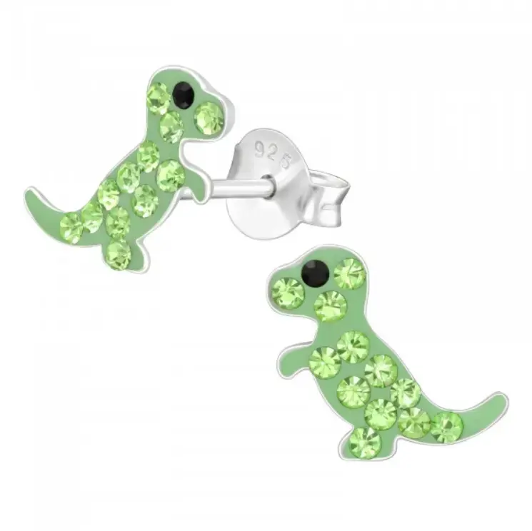 Aros de plata con diseño de dinosaurio verde - 2