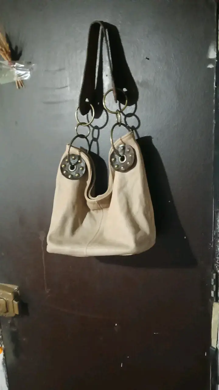 Bolso de cuero beige con asa marrón - 3