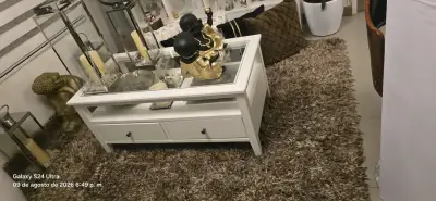 Mesa de Centro Blanca con Vidrio y Cajones - miniatura 1