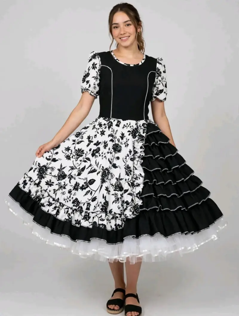 Vestido folklórico blanco y negro, estampado flo - 1
