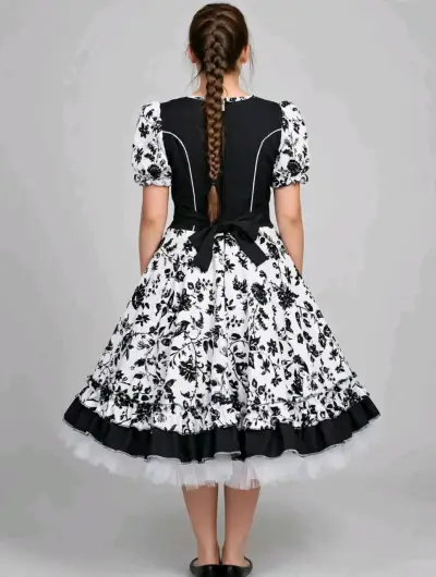 Vestido folklórico blanco y negro, estampado flo - miniatura 2