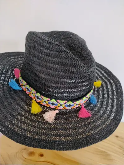 Sombrero de paja negro con cinta colorida - miniatura 1