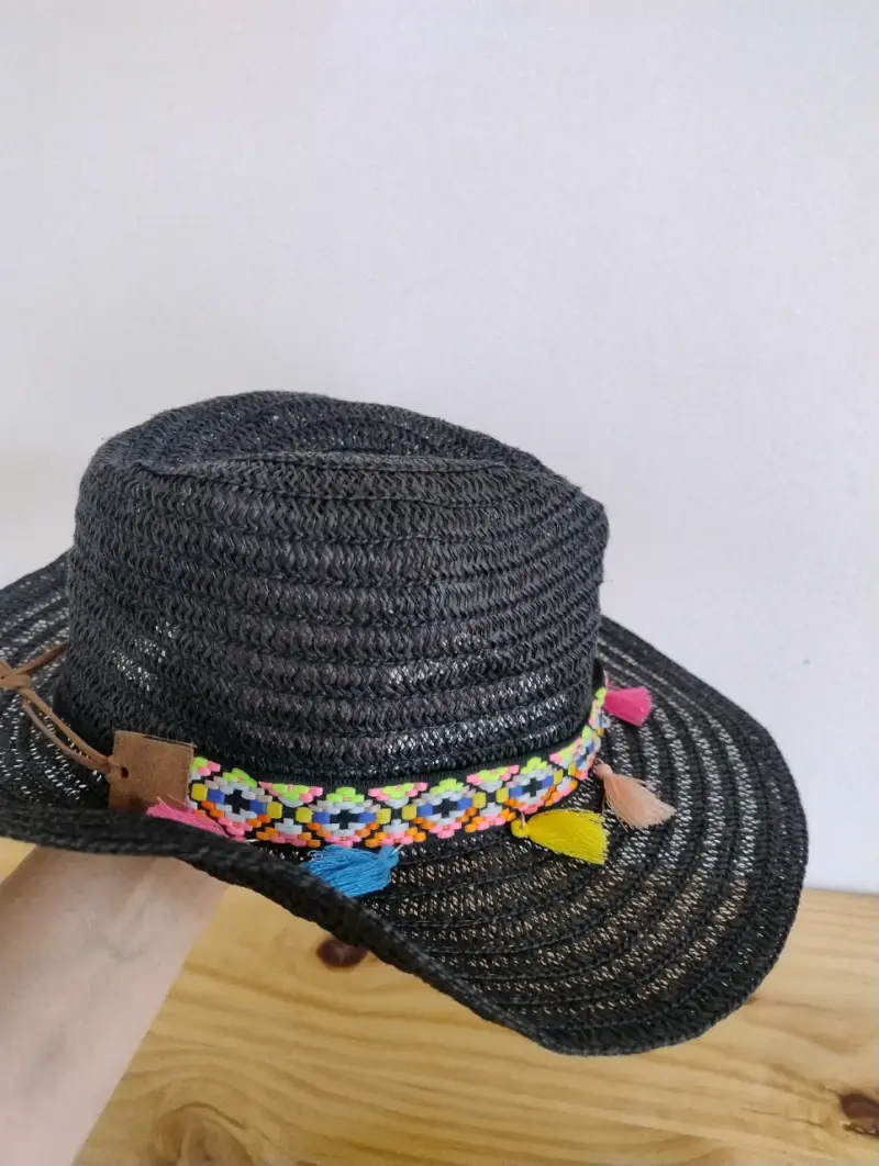 Sombrero de paja negro con cinta colorida - 4