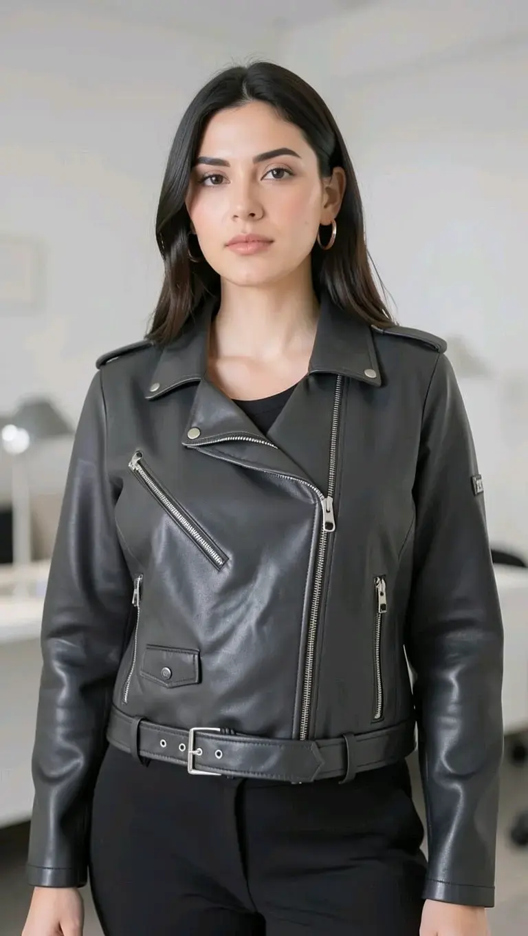 Chaqueta de cuero negra estilo biker para mujer - 1