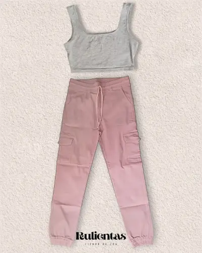 Conjunto de Top Gris y Pantalón Rosado para Mujer - miniatura 1