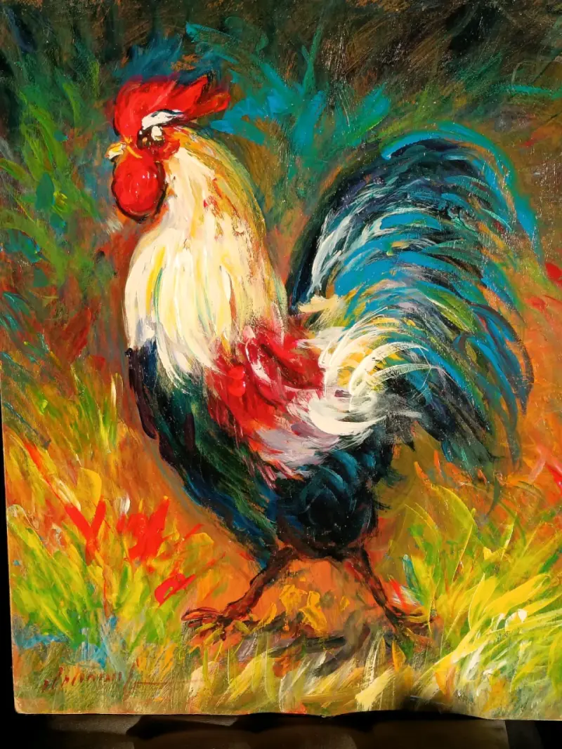 Cuadro de Gallo Colorido Pintado a Mano - 1