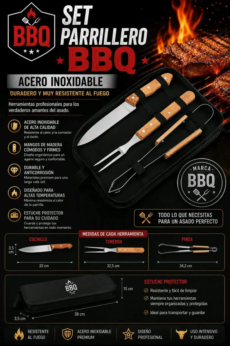 Set Parrillero BBQ Acero Inoxidable