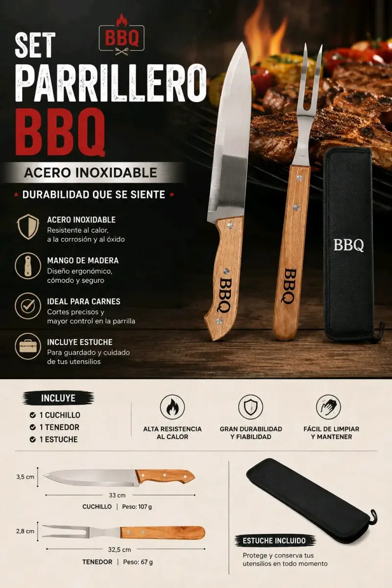 Set Parrillero BBQ de Acero Inoxidable con Estuche