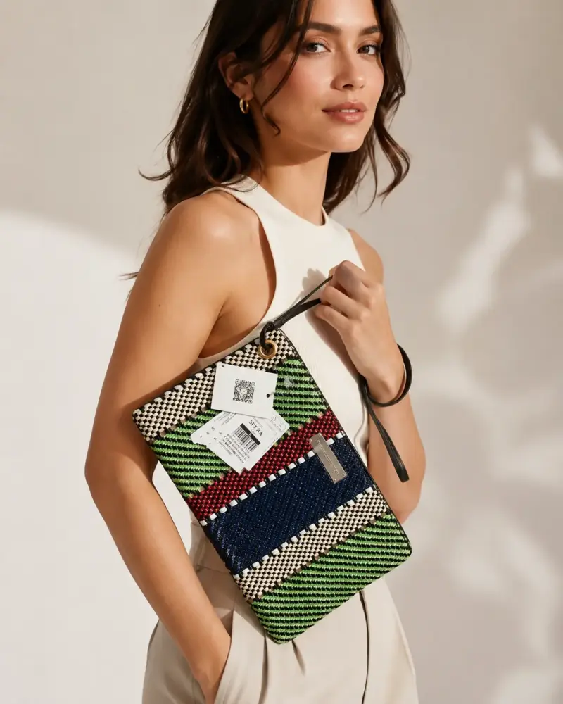 Cartera de mano tejida multicolor con diseño moderno - 1