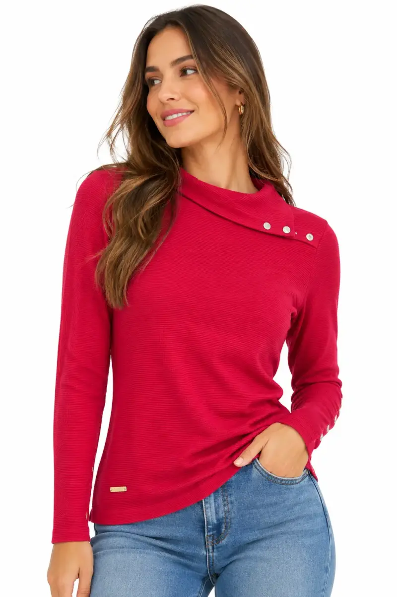 Polera roja de manga larga con botones decorativos - 1