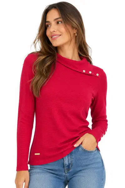 Polera roja de manga larga con botones decorativos - miniatura 1