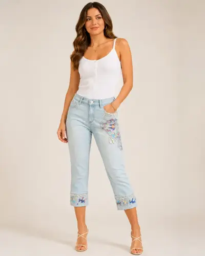 Jeans capri bordados para mujer - miniatura 1