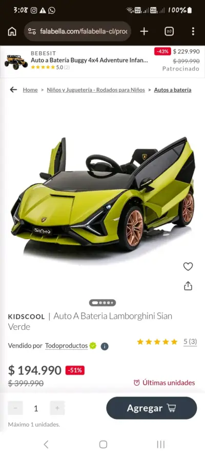 Auto a batería Lamborghini Sian verde para niños - miniatura 1