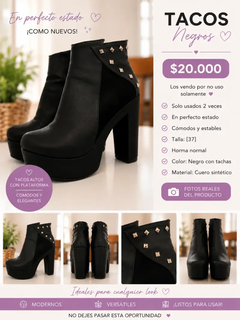 Botines de tacón negros con tachas en perfecto estado - 1
