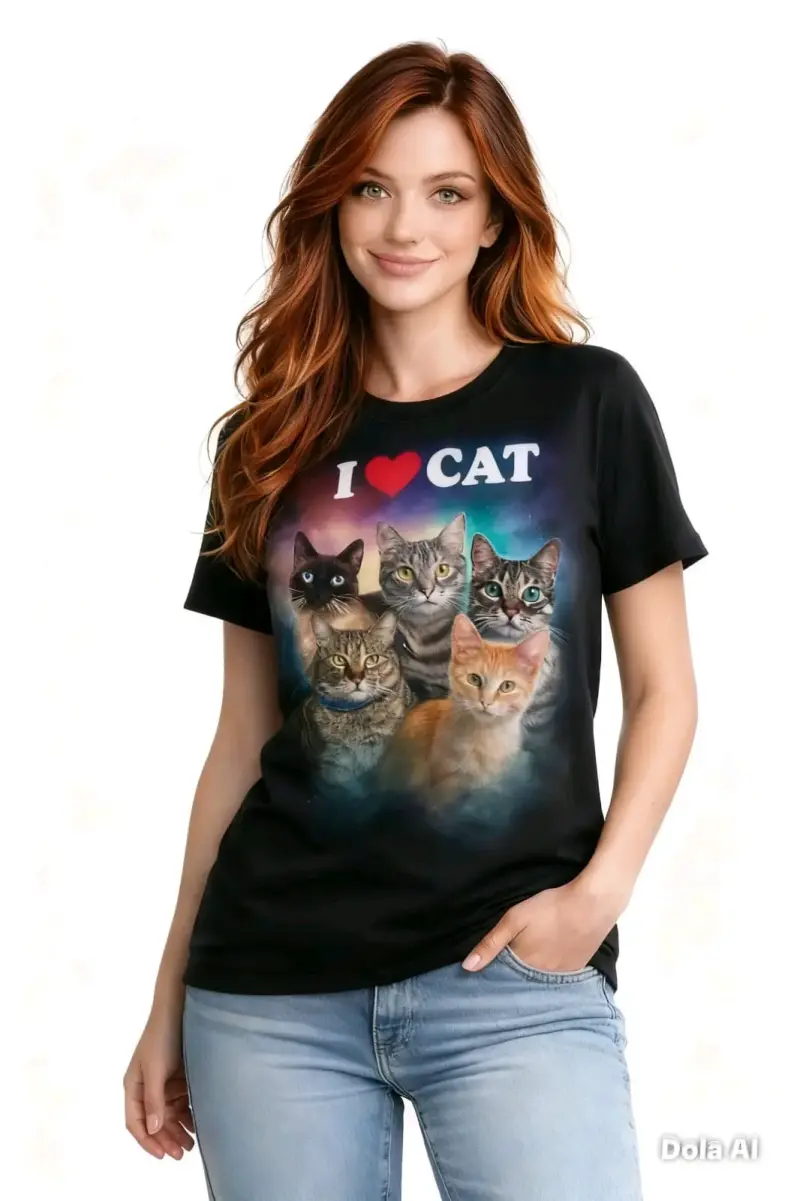 Polera negra con estampado de gatos 'I Love Cat' - 1